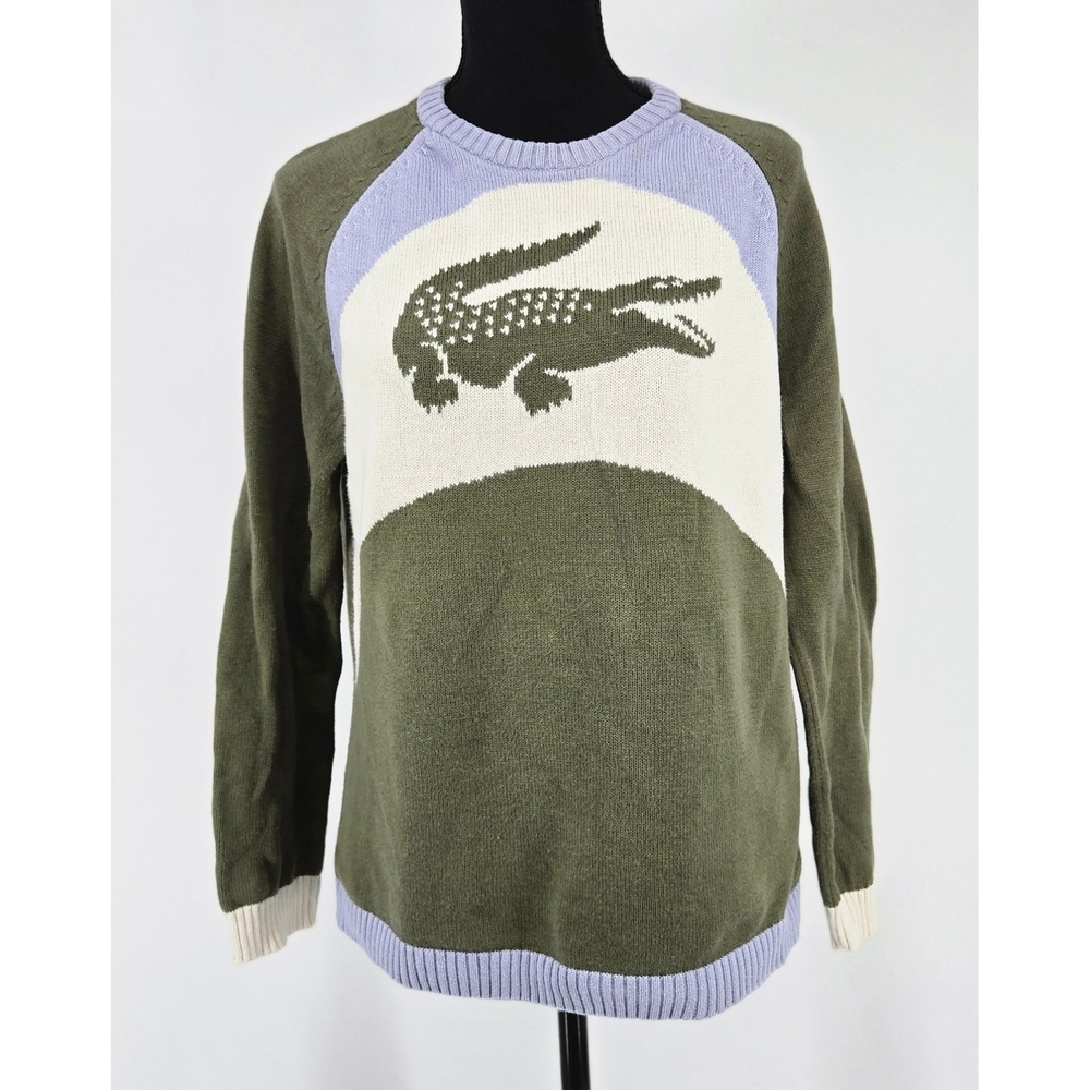Vintage LACOSTE SPORT Colorblock Knit Sweater Big Logo Green‎ Purple 44 Fits S/M